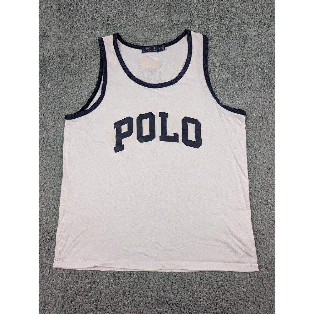 Polo Ralph Lauren Tank Top Size L White/Blue USA Flag Logo Spell Out Logo *Hole